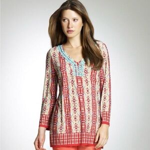 Jones New York beaded front knit top printed petite S V-neck red beige stretchy